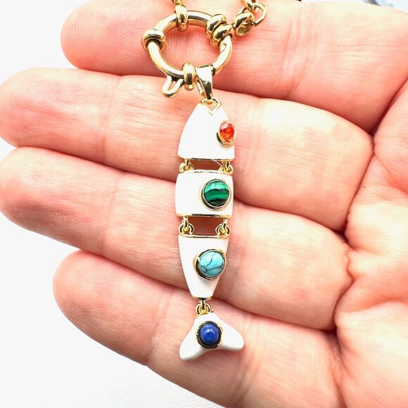 Multi-Gemstone White Enamel Fish Pendant Necklace 18K Gold Plated Chain 17 Inch - Picture 2 of 9